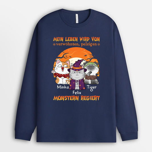 1303NGE1 personalisiertes mein leben wird von katzen regiert halloween langarmshirt