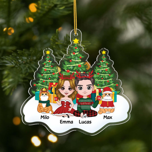1406OUS1 personalized couple and cats sitting on snow christmas tree ornament