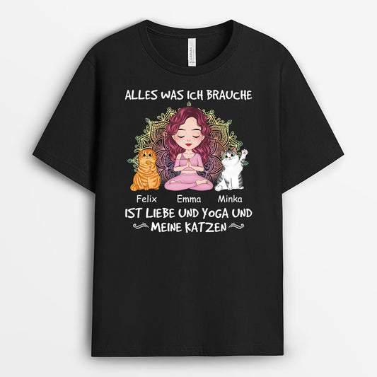 1900AGE1 personalisiertes alles was ich brauche ist liebe und yoga und meine katzen t shirt