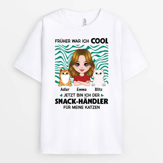 1987AGE1 personalisiertes fruher war ich cool jetzt bin ich der snack handler fur meine katzen t shirt