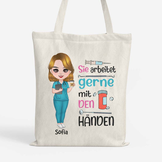 2641BGE1 sie arbeitet gerne mit den handen personalisierte tragetasche fur krankenschwester