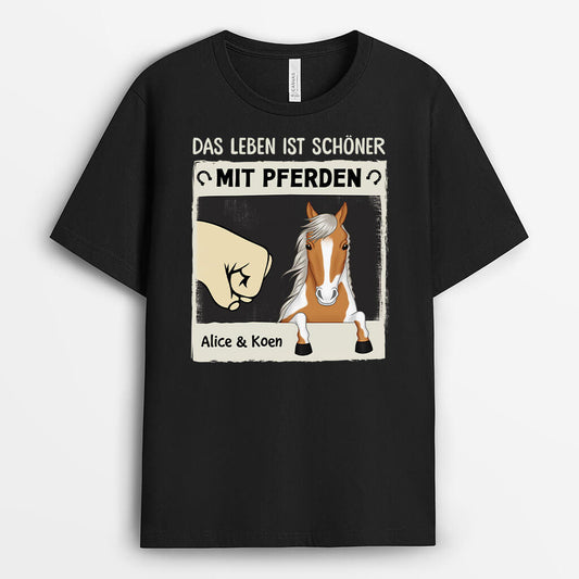3487AGE1 das leben ist schoner mit pferden personalisiertes t shirt fur pferdliebhaber