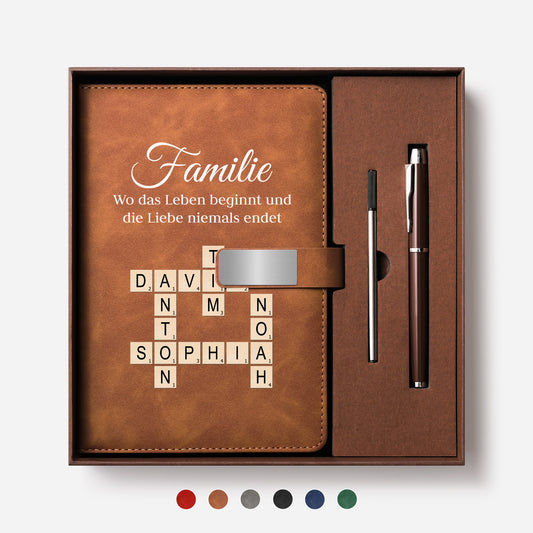 3591MGE1 familie wo die liebe beginnt und niemals endet personalisiertes kreuzwortratsel geschenk uv druck notizbuch mit stift 3591mosq5i