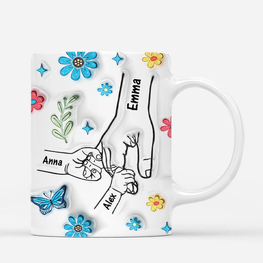 3646MGE2 mama und kinder hand in hand blumen und tagfalter personalisierte tasse mit 3d inflated effekt fur mamas