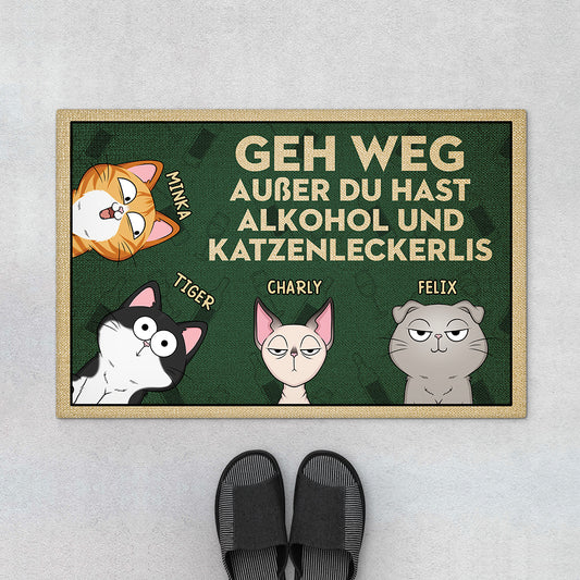 4271DGE1 lustiger spruch uber alkohol und katzenleckerlis personalisierte fussmatte katze 4271DTN8D