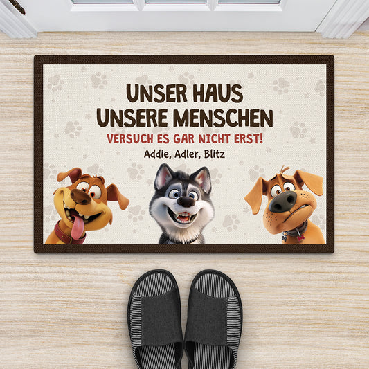 4438DGE2 unser haus unsere menschen lustige fussmatte hund personalisieren_ 4438D