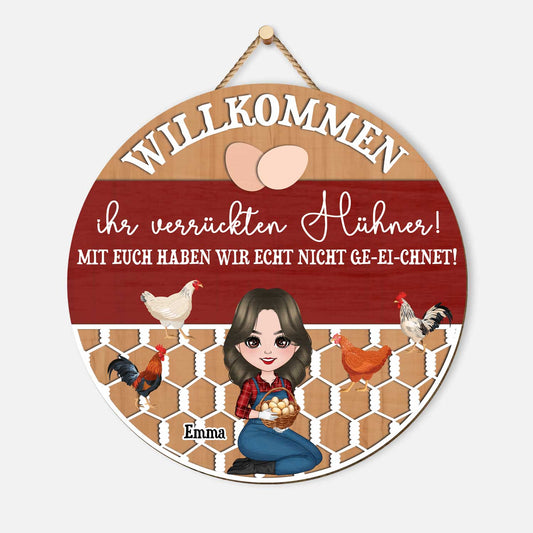 5108QGE1 willkommen ihr verruckten huhner holzschild personalisiert_ frau 5108QTKAA