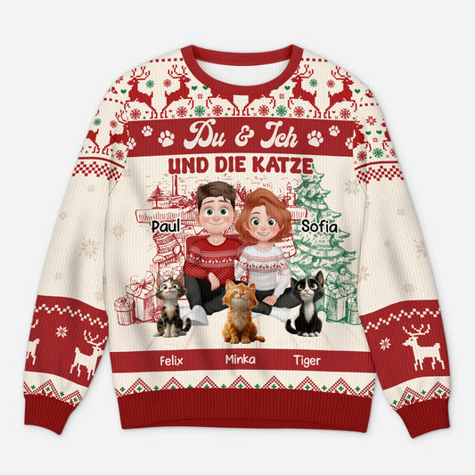 5646WGE1 du ich und die katzen cartoon personalisierter weihnachtspullover_ paar 5646WTMMD