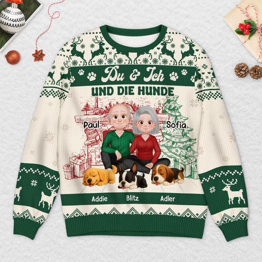 5646WGE2 du ich und die hunde cartoon personalisierter weihnachtspullover_ paar 5646WTMMC