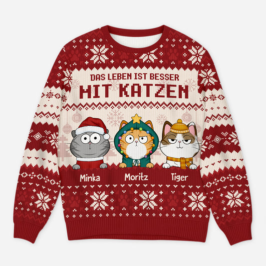 5652WGE1 das leben ist besser mit katzen weihnachtspullover katze personalisiert_ 5652WKZND