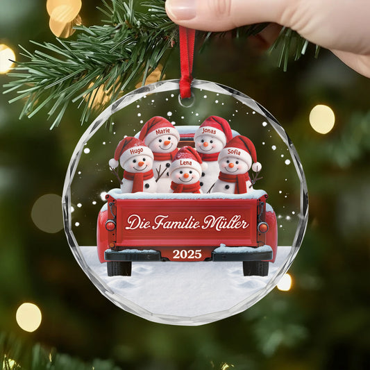 5659OGE2 schneemann im roten auto personalisierter christbaumschmuck familie_ glas 5659OTVZI
