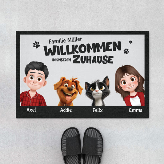 5680DGE1 herzlich willkommen zu hause cartoon personalisierte fussmatte familie mit hund und katze_ 5680D3VAD