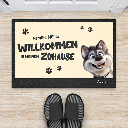 5680DGE2 herzlich willkommen zu hause cartoon personalisierte fussmatte familie mit hund und katze_ 5680D3VAD