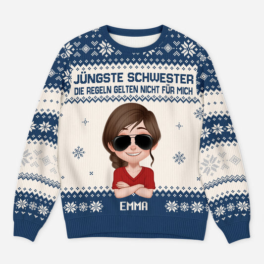 5770WGE1 jungste schwester die regeln gelten nicht fur mich lustiger weihnachtspulli personalisiert geschwister 5770W8VNA
