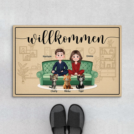 6039DGE1 herzlich willkommen cartoon fussmatte katzen personalisiert 6039D6HND