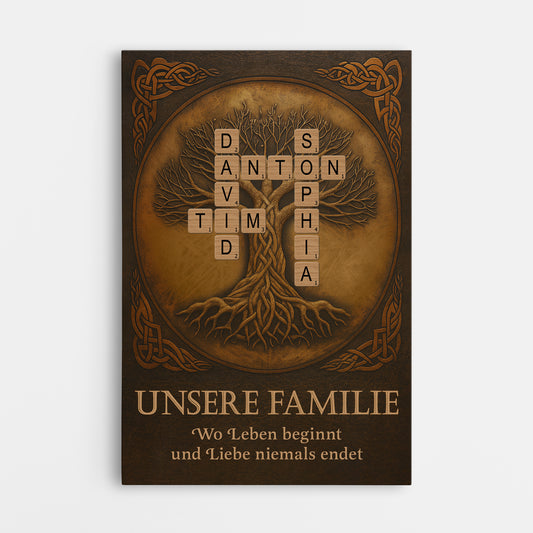 7303CGE1 familie wo leben beginnt liebe niemals endet leinwand familienstammbaum kreuzwortratsel personalisiert 7303C6TZI
