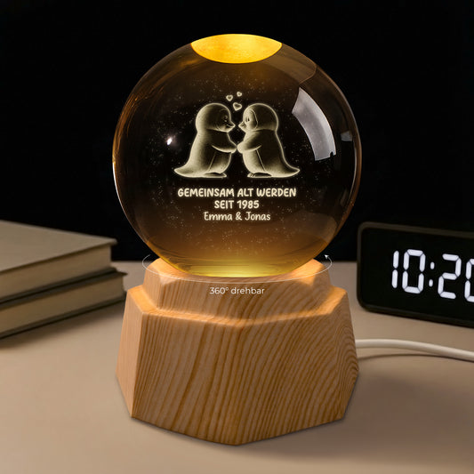 7414LGE1 gemeinsam alt werden seit pinguine paar 3d kristallkugel personalisiert 7414L8QNG