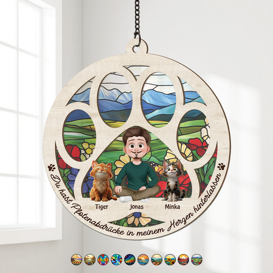 7704UGE1 du hast pfotenabdrucke in meinem herzen hinterlassen personalisierte geschenke katze acryl sonnenfanger 7704uctnd