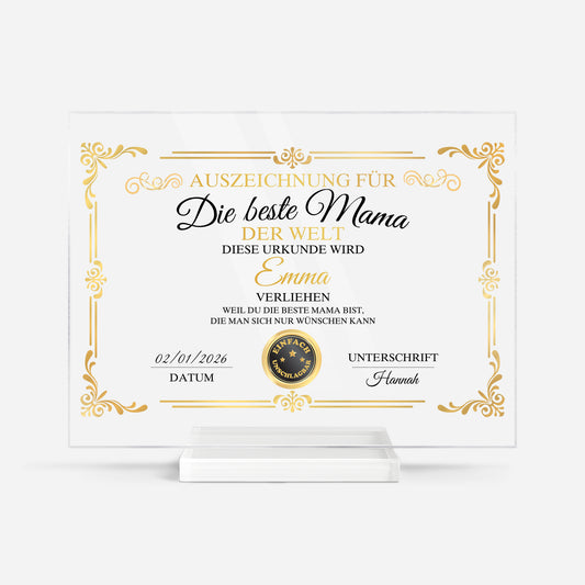 7894RGE1 auszeichnung fur die beste mama der welt acryl aufsteller personalisiert mit stander omamama 7894rcpaa