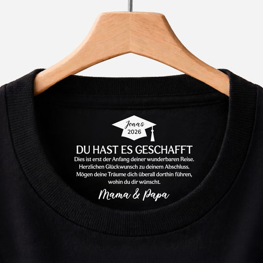 9214AGE1 du hast es geschafft personalisierte geschenke abschluss schwarzes t shirt nackenlabel drucken frauen manner 9214aa6dna