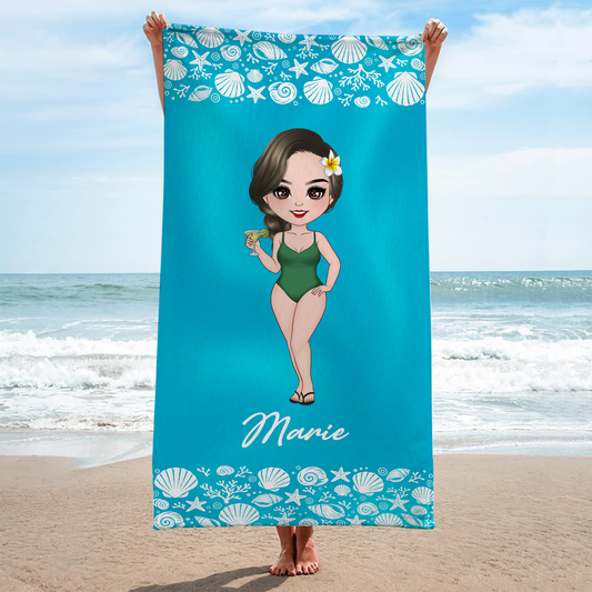 9277BGE2 frau am strand bikini personalisiertes geschenk strandtuch muschelschale 9277b8cna