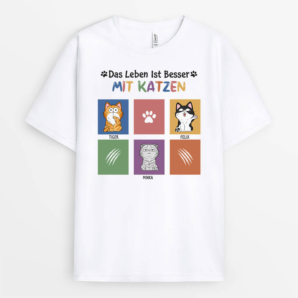 1299AGE1 personalisiertes das leben ist besser mit katzen bunt t shirt