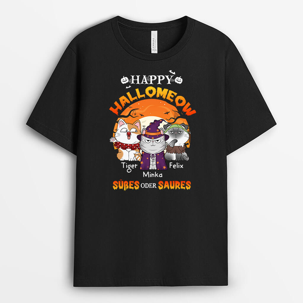 1302AGE1 personalisiertes happy halloween susses oder saures katzen t shirt