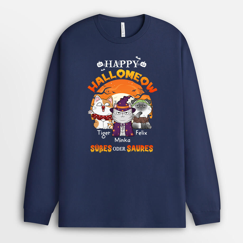 1302NGE1 personalisiertes happy halloween susses oder saures katzen langarmshirt