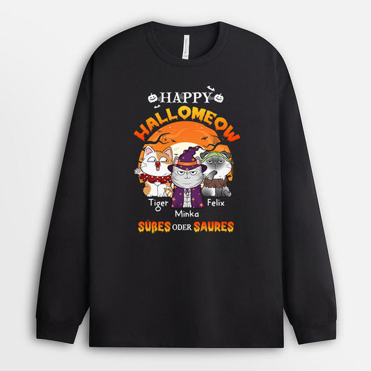 1302NGE2 personalisiertes happy halloween susses oder saures katzen langarmshirt