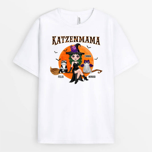 1310AGE1 personalisiertes katzenmama mit besen halloween t shirt