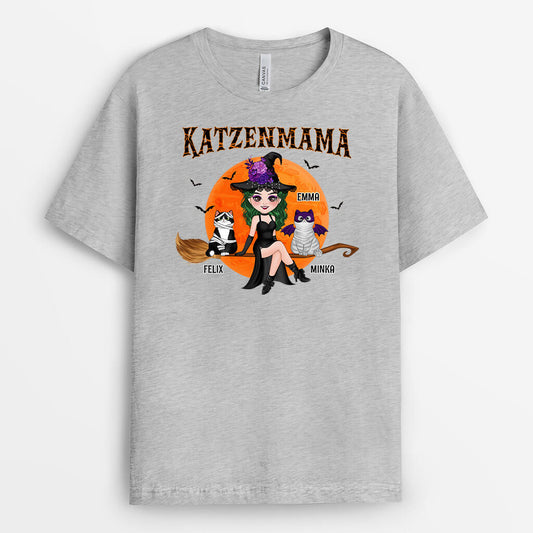 1310AGE2 personalisiertes katzenmama mit besen halloween t shirt
