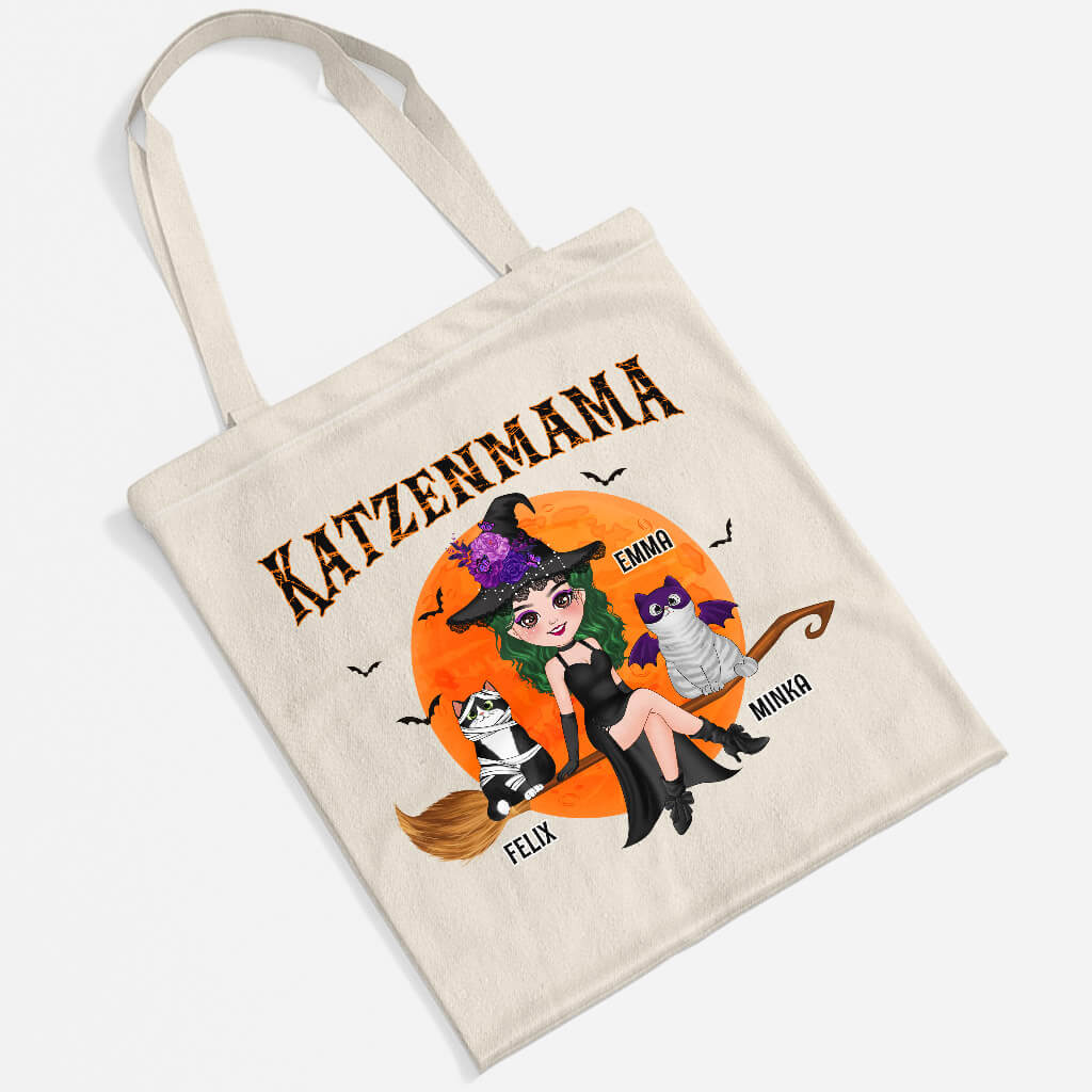 1310BGE2 personalisierte katzenmama mit besen halloween tragetasche