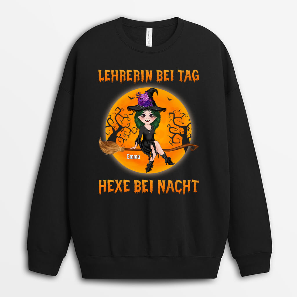 1331WGE1 personalisierter krankenschwester bei tag hexe bei nacht halloween pullover