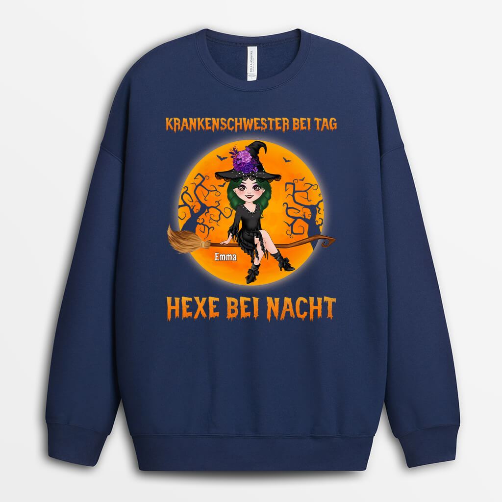 1331WGE2 personalisierter krankenschwester bei tag hexe bei nacht halloween pullover