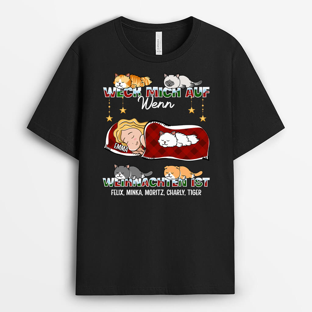 1386AGE1 personalisiertes weck mich auf wenn es weihnachten ist katzen t shirt