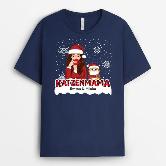 1408AGE1 personalisiertes katzenmama mit rotem muster zu weihnachten t shirt