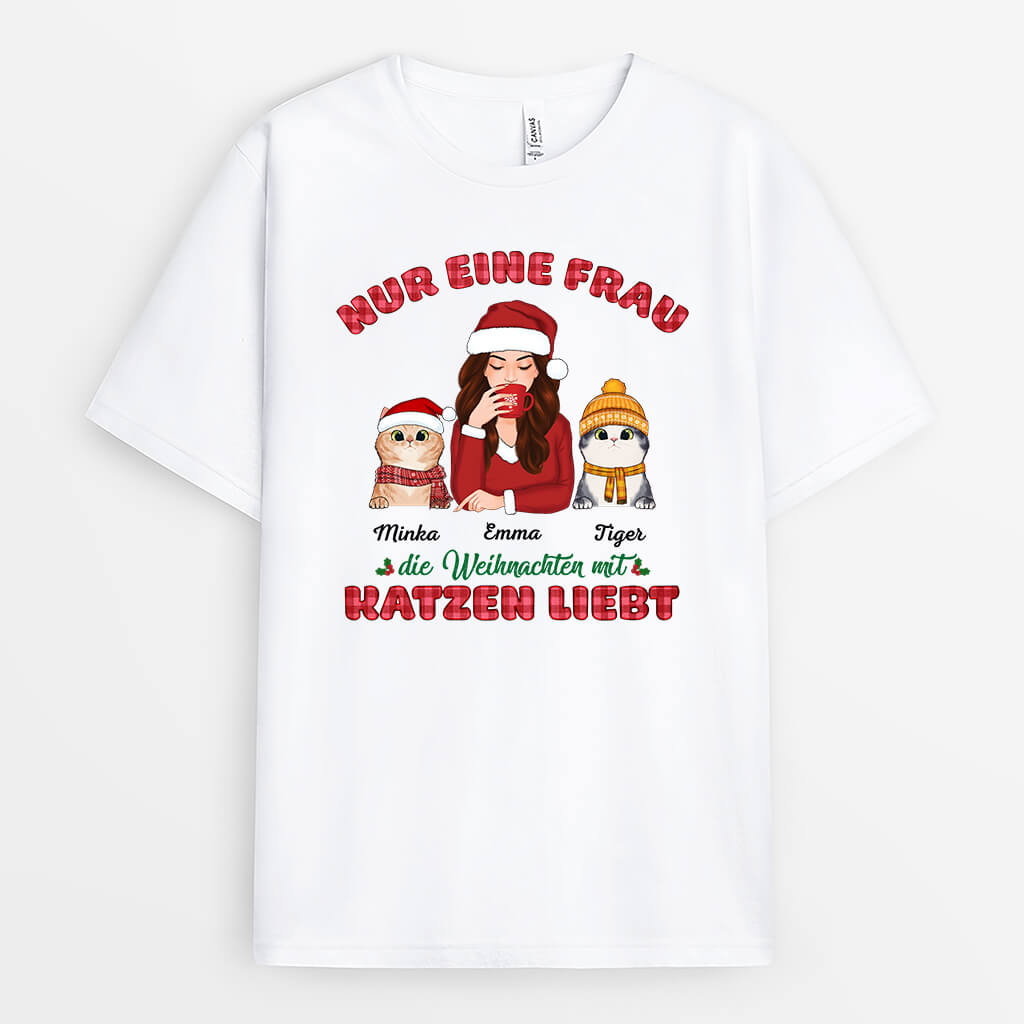 1442AGE1 personalisiertes nur eine frau die weihnachten mit katzen liebt t shirt