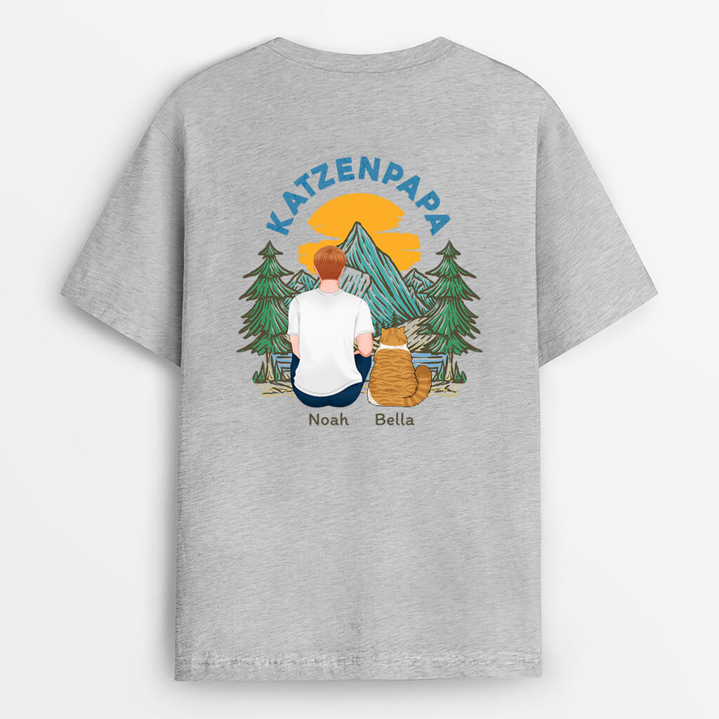 1510AGE1 personalisiertes katzenpapa katzenmama im wald ruckenseiten t shirt