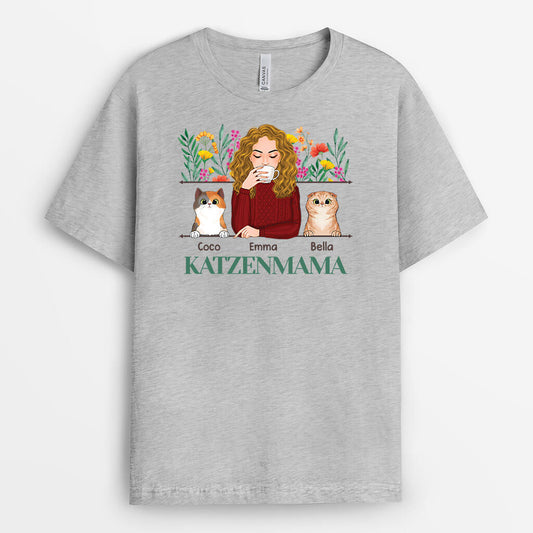 1534AGE1 personalisiertes katzenmama mit blumen t shirt