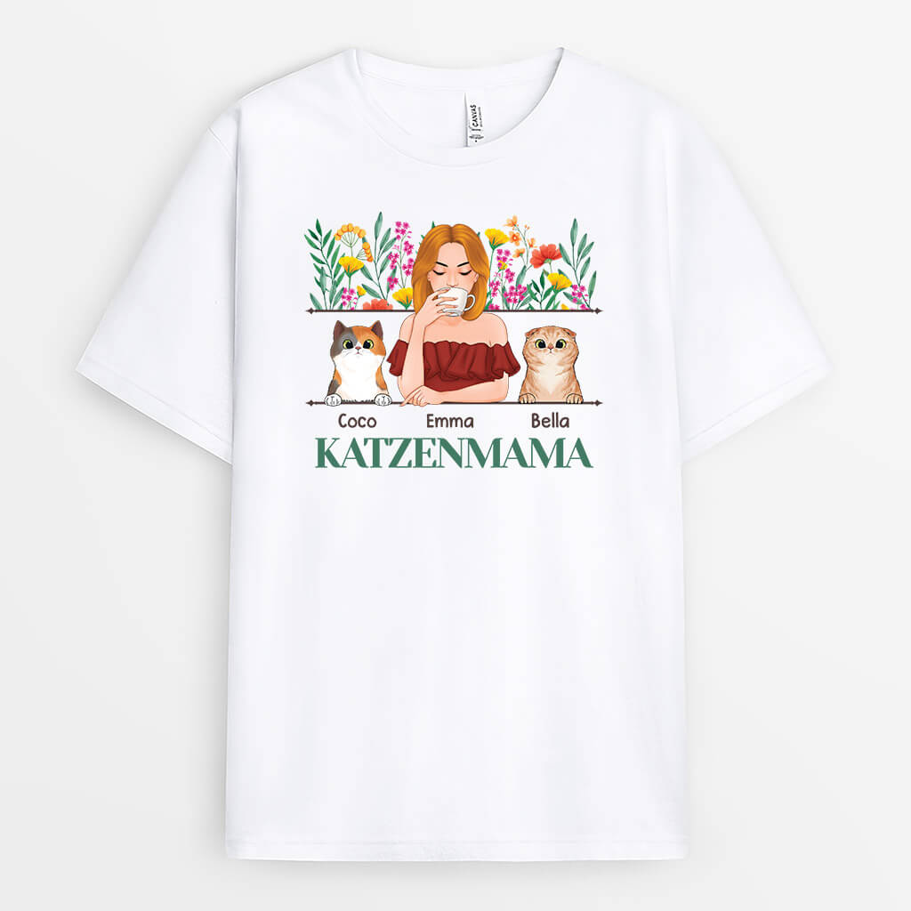 1534AGE2 personalisiertes katzenmama mit blumen t shirt