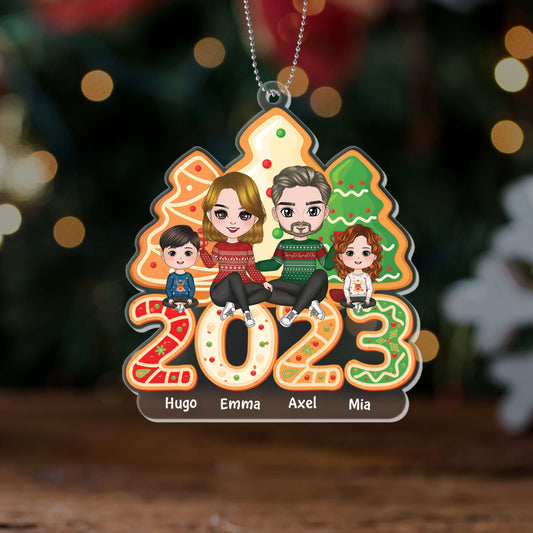1637OGE2 personalisiertes familie sitzen am weihnachtsbaum aus keksen ornament
