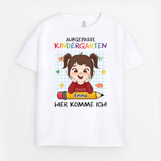 1659AGE1 personalisiertes aufgepasst kindergarten hier komme ich kinder t shirt