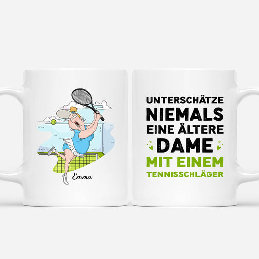 1847MGE1 personalisierte unterschatze niemals eine altere dame mit einem tennisschlager tasse