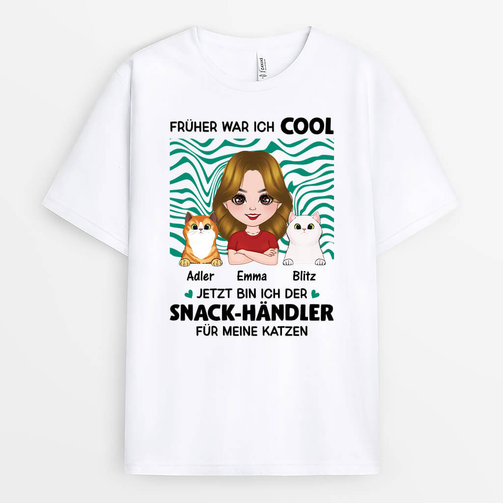 1987AGE1 personalisiertes fruher war ich cool jetzt bin ich der snack handler fur meine katzen t shirt