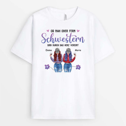 2822AGE1 ob nah oder fern schwestern sind durch das herz vereint  personalisiertes t shirt fur schwestern