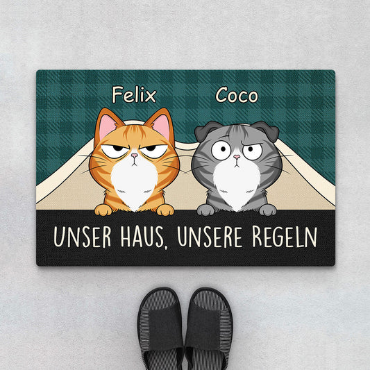 3227DGE1 unser haus unsere regeln  personalisierte fussmatte fur katzenliebhaber