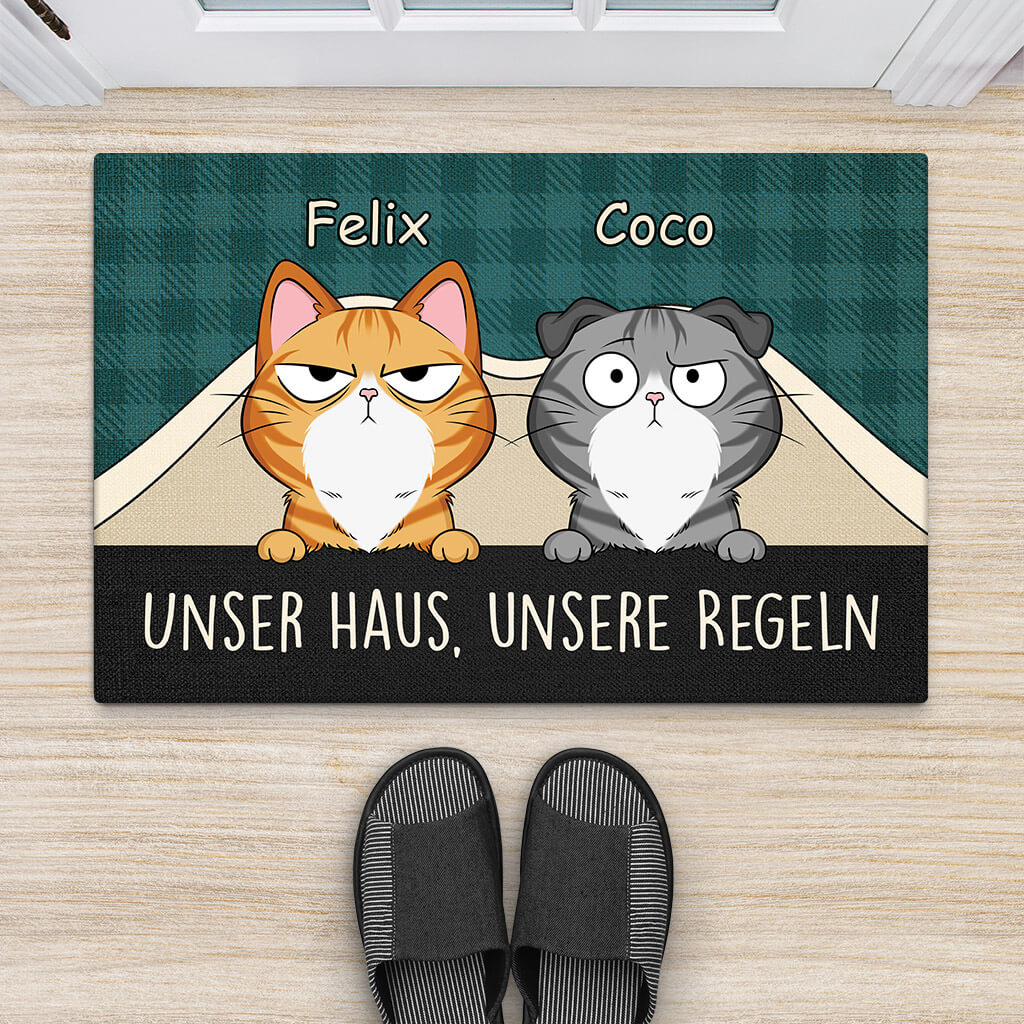 3227DGE2 unser haus unsere regeln  personalisierte fussmatte fur katzenliebhaber