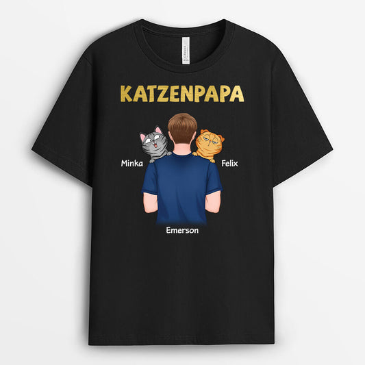 3341AGE1 katzenpapa der den rucken zudreht und eine katze halt  personalisiertes t shirt fur katzenhalter