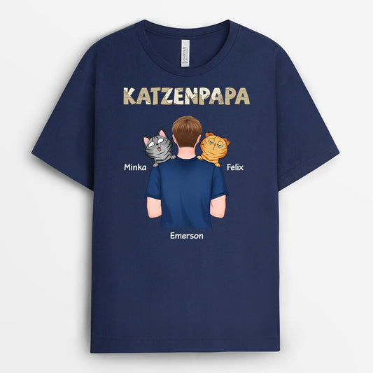 3341AGE2 katzenpapa der den rucken zudreht und eine katze halt  personalisiertes t shirt fur katzenhalter