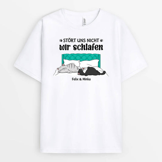 3398AGE1 stort uns nicht wir schlafen  personalisiertes t shirt fur katzenliebhaber